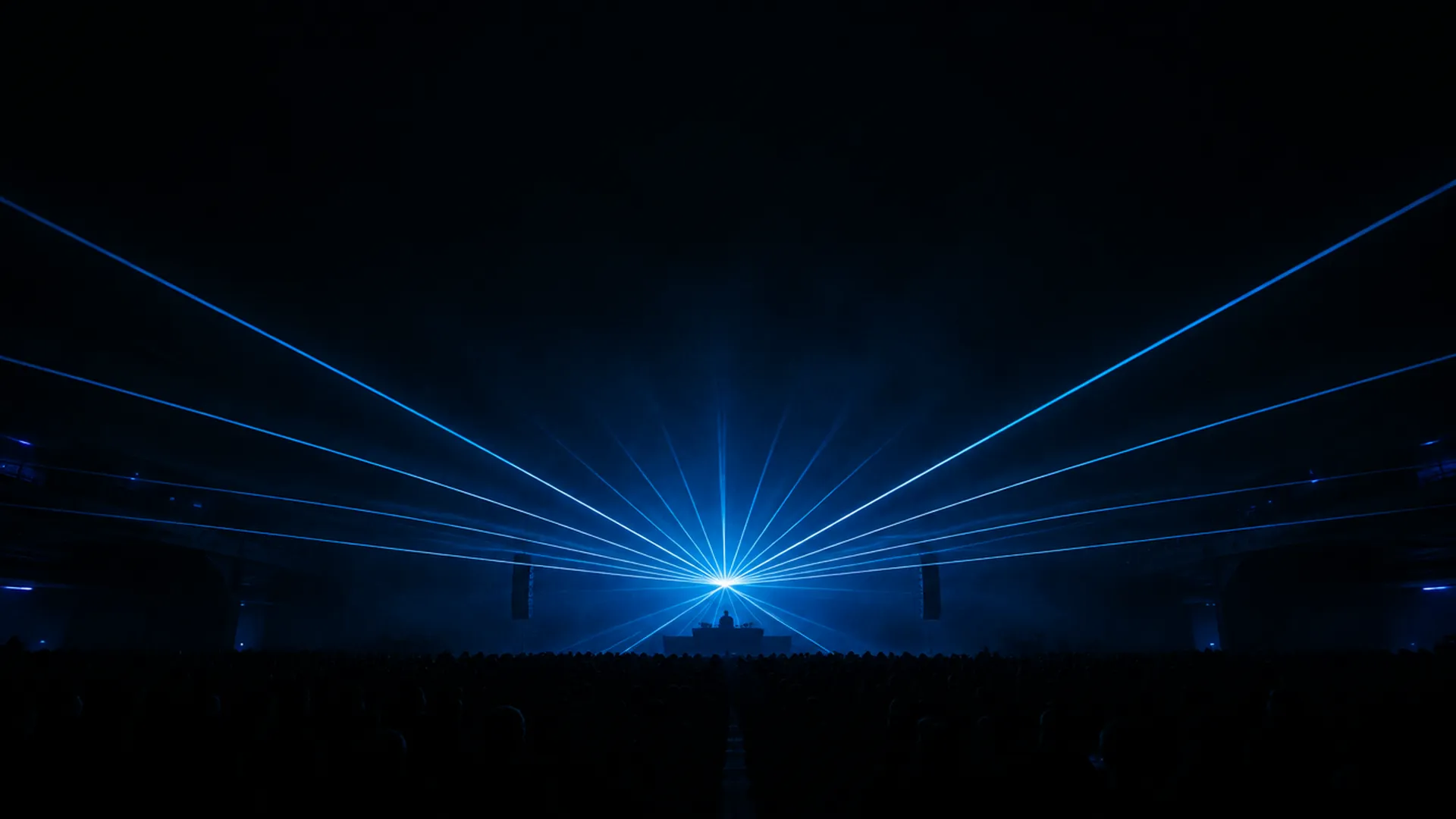 AI concept of a single-point laser fan cutting through haze above a crowd in a dark venue