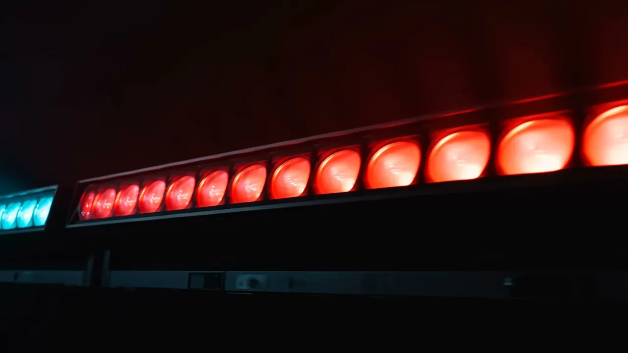 A bar of red and cyan LED fixtures firing in a dark room