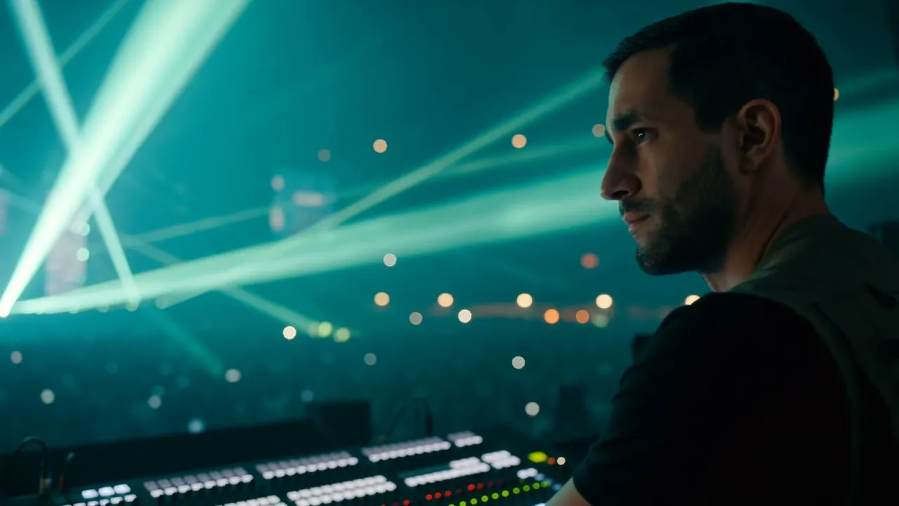 An operator at the lighting console as cyan beams sweep across a packed crowd.