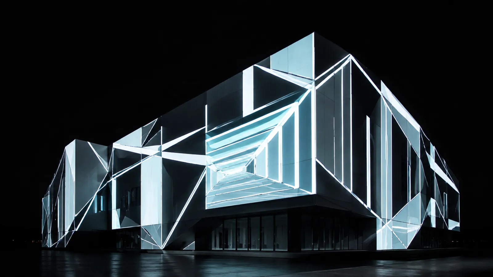 AI concept of crisp geometric light patterns projection-mapped onto a building facade at night.
