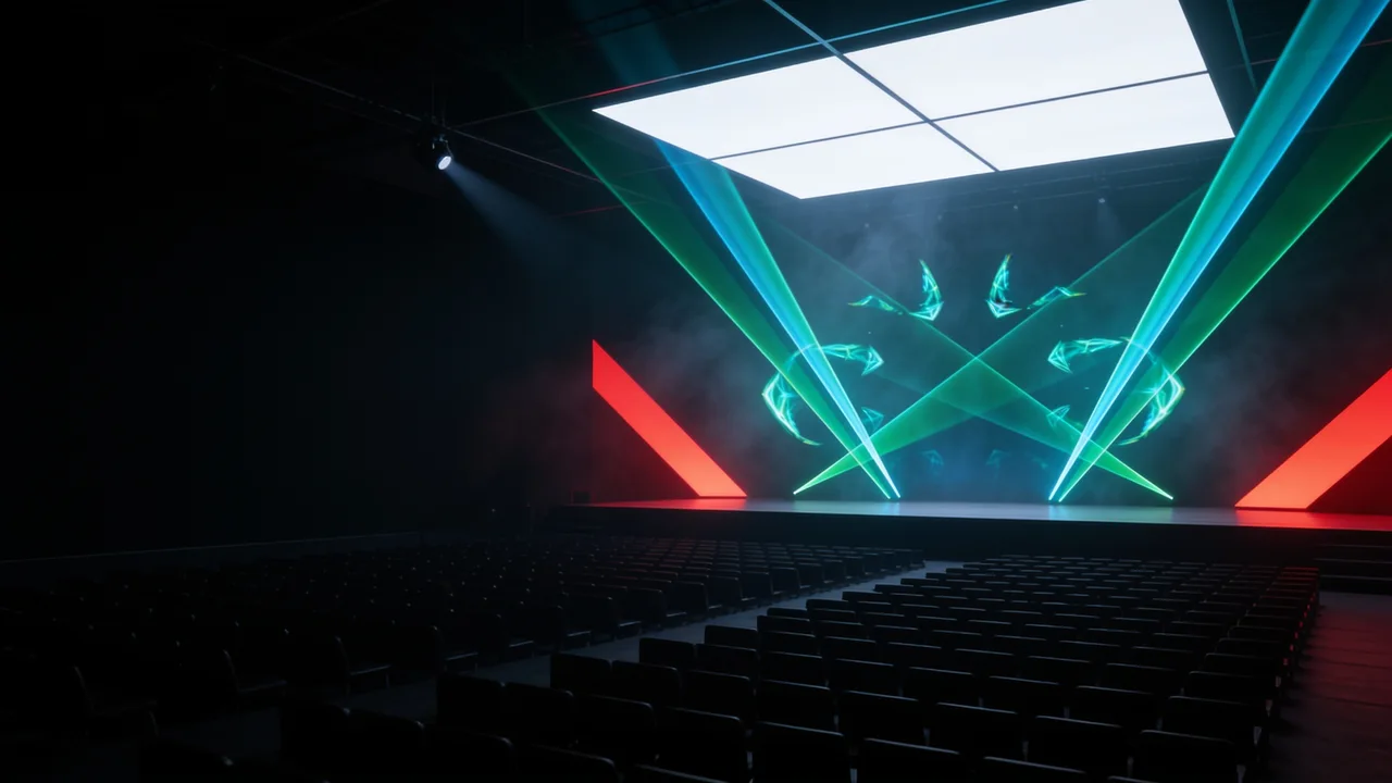 AI concept of cyan and green laser effects above an empty theater stage with red accents.