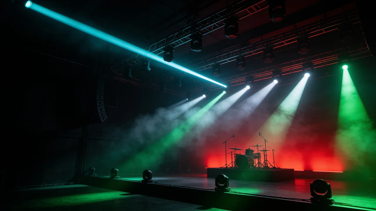 AI concept of an empty live music stage with cyan and green moving lights, white beams and a red backdrop.