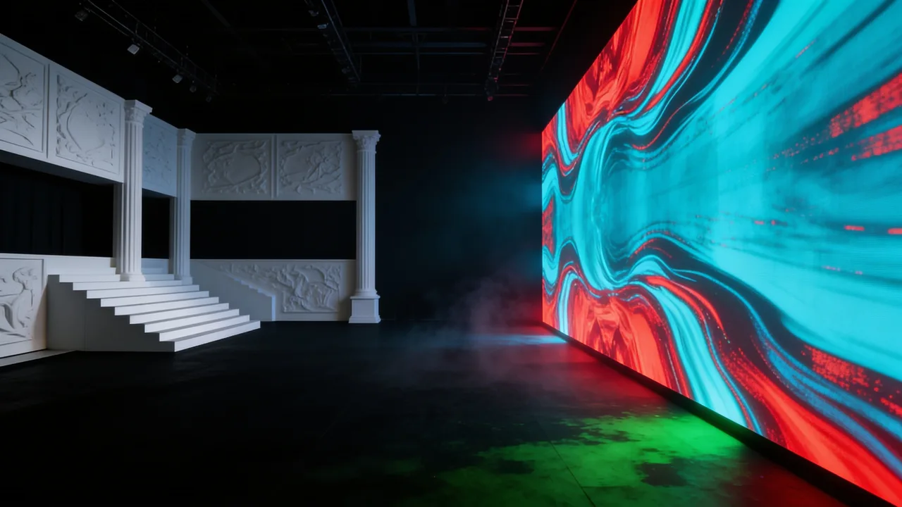 AI concept of flowing cyan and red visuals across a large wall beside sculptural stage surfaces.