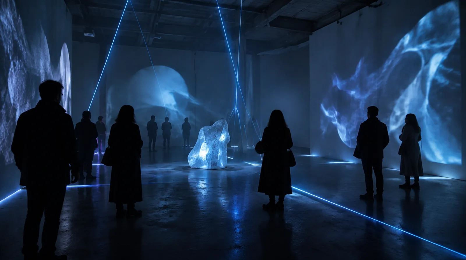 AI concept of a pop-up art installation: visitors silhouetted in a raw gallery space with thin blue laser lines and projected shapes across white walls.